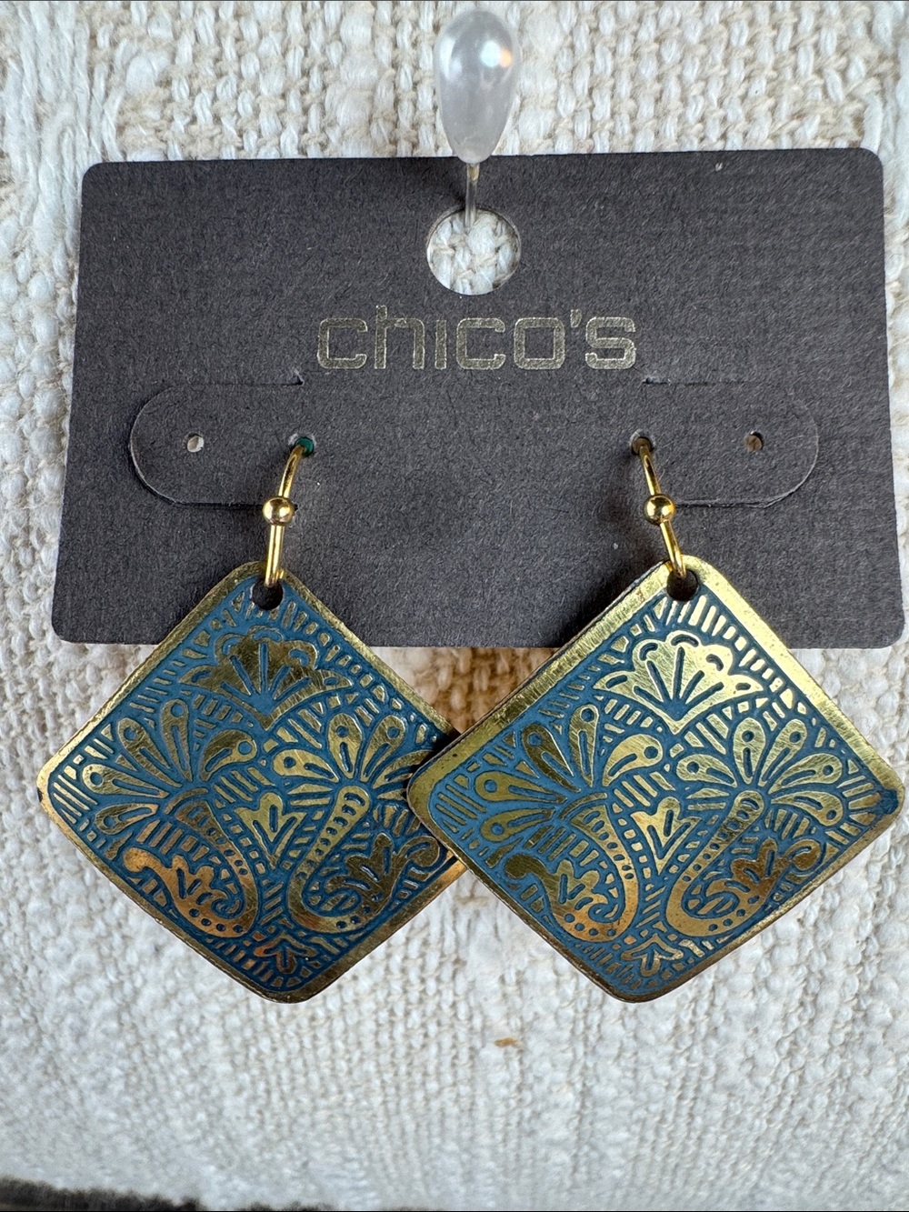 0105-Chico's Teal and Gold Filigree Diamond-Shaped‎ Drop Earrings
